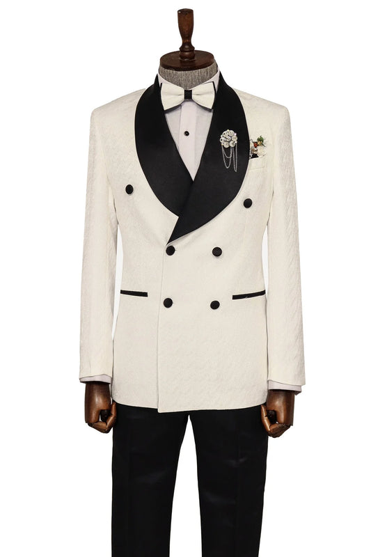 White Double-Breasted Tuxedo with Black Shawl Lapel - DapperGent