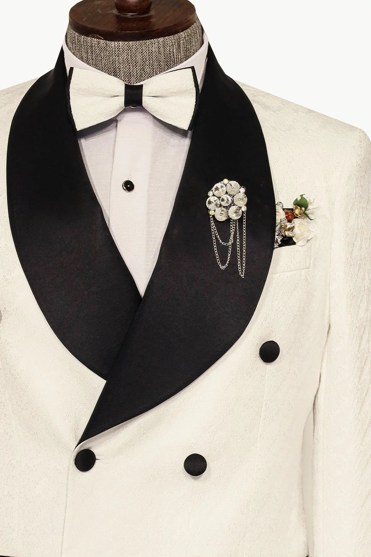 White Double-Breasted Tuxedo with Black Shawl Lapel - DapperGent