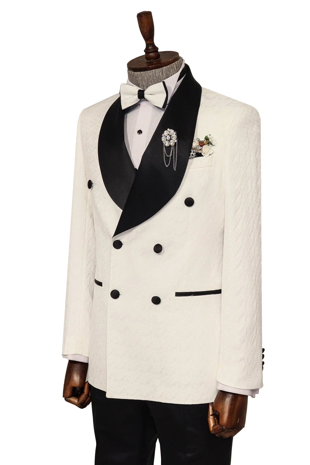 White Double-Breasted Tuxedo with Black Shawl Lapel - DapperGent