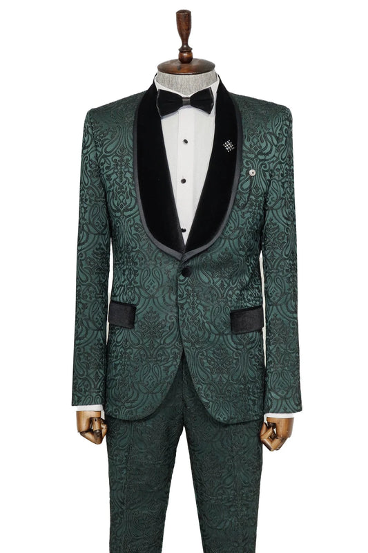 Emerald Green Velvet Tuxedo with Paisley Embossed Design