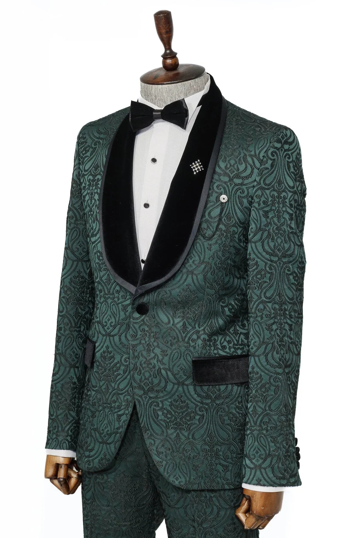 Emerald Green Velvet Tuxedo with Paisley Embossed Design