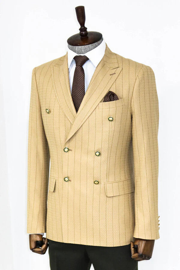 Striped Cream Double-Breasted Blazer with Gold Accent Buttons