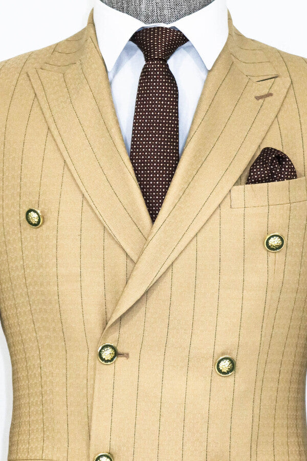 Striped Cream Double-Breasted Blazer with Gold Accent Buttons