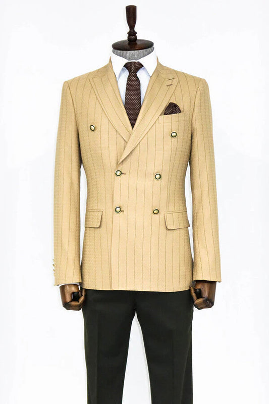 Striped Cream Double-Breasted Blazer with Gold Accent Buttons