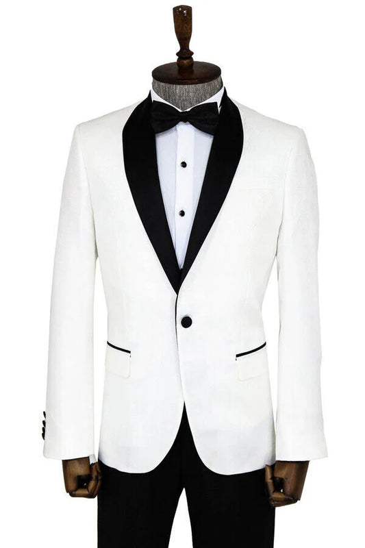 White Shawl Lapel Tuxedo Blazer with Black Accents