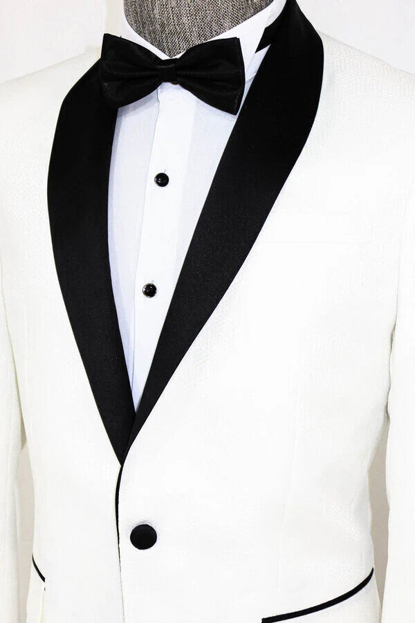 White Shawl Lapel Tuxedo Blazer with Black Accents