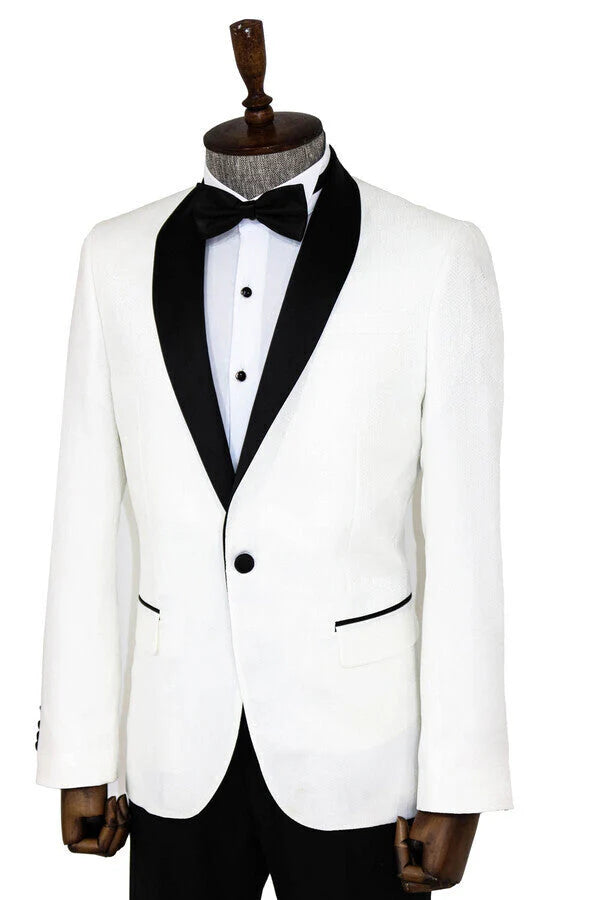 White Shawl Lapel Tuxedo Blazer with Black Accents