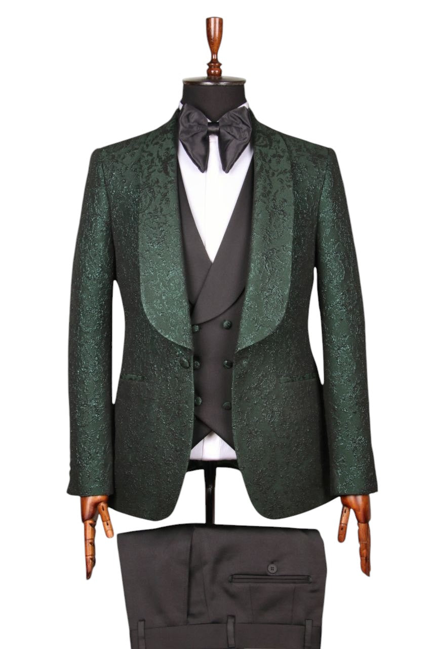 Emerald Green Jacquard 3-Piece Tuxedo Set with Satin Shawl Lapel