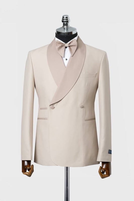 Cream Double-Breasted Tuxedo with Satin Shawl Lapel