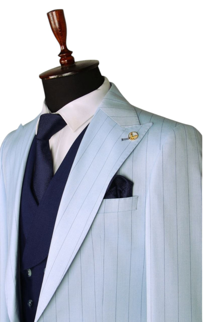 Light Blue Pinstripe Three-Piece Suit with Navy Accents