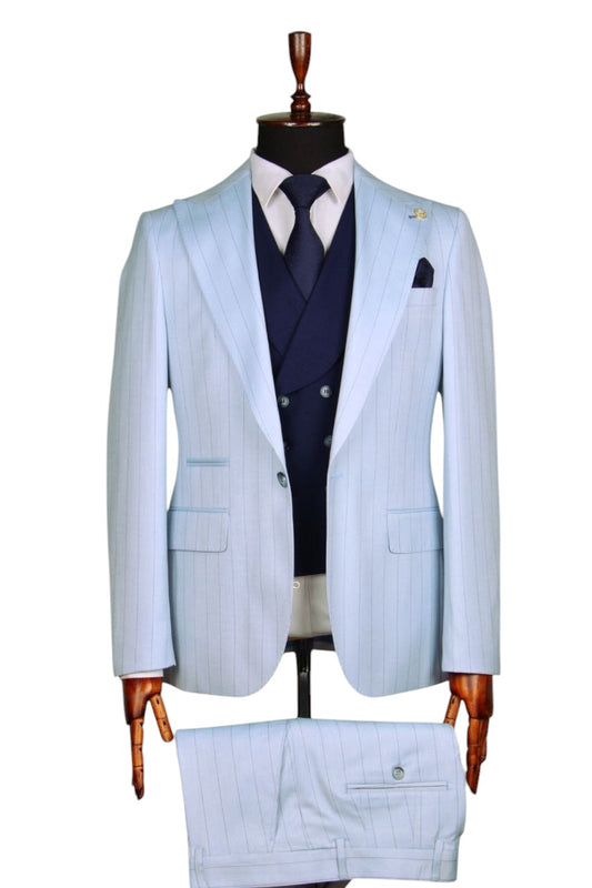 Light Blue Pinstripe Three-Piece Suit with Navy Accents