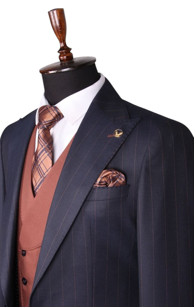 Navy Blue Pinstripe 3-Piece Suit with Rust Accents