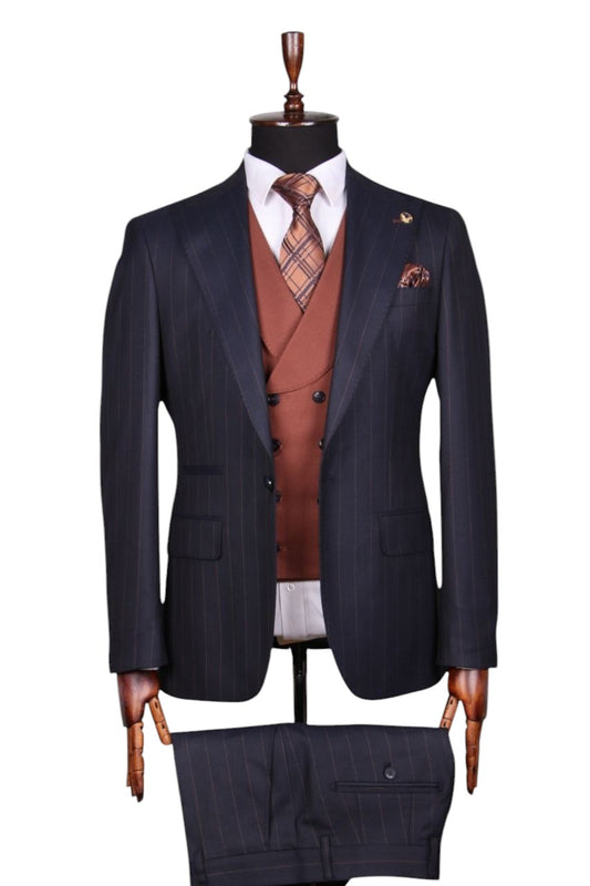 Navy Blue Pinstripe 3-Piece Suit with Rust Accents