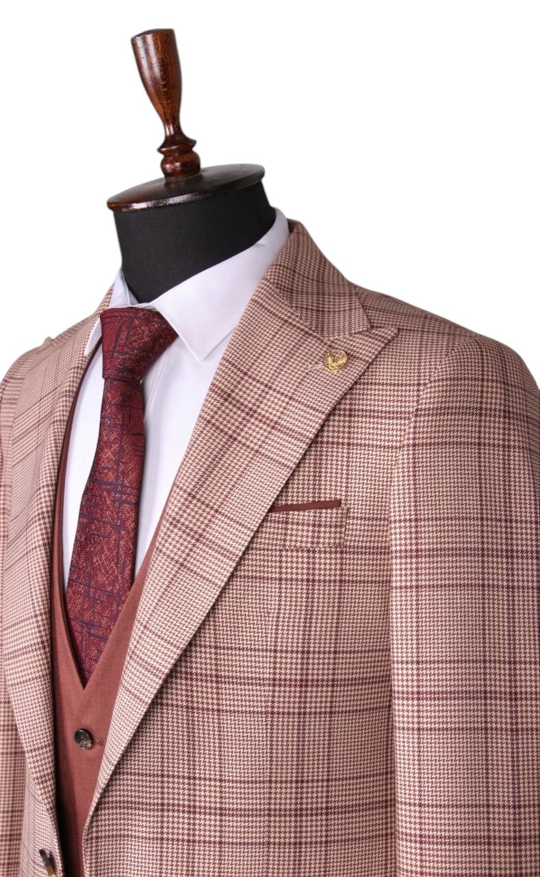 Burgundy & Beige Plaid Three-Piece Suit