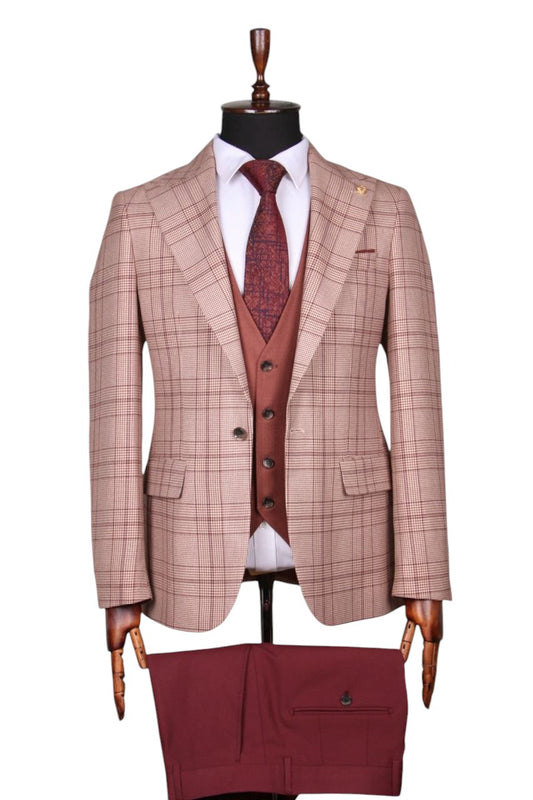 Burgundy & Beige Plaid Three-Piece Suit