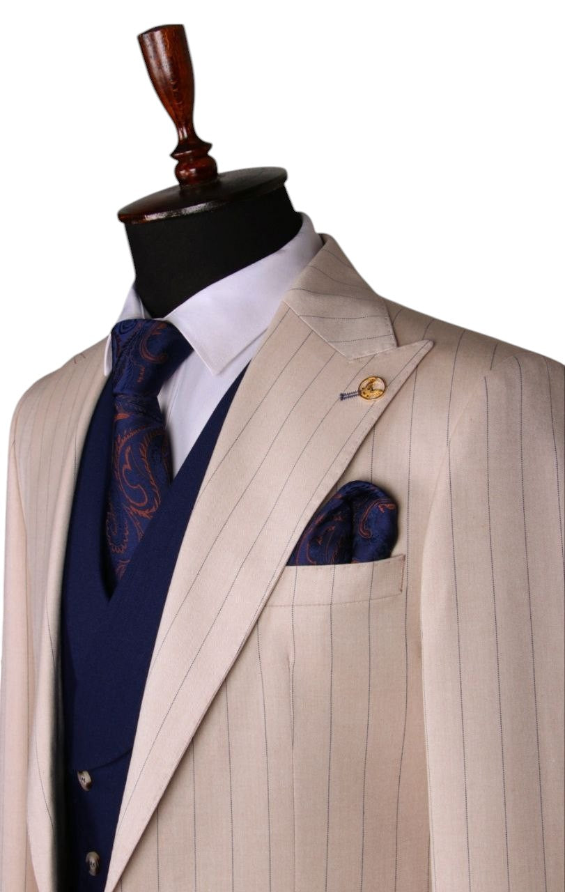 Cream Pinstripe 3-Piece Suit with Navy Waistcoat