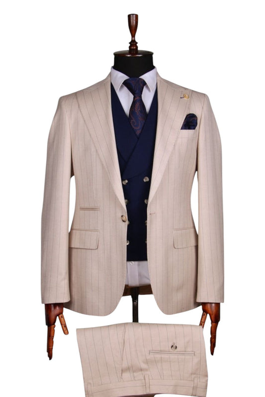 Cream Pinstripe 3-Piece Suit with Navy Waistcoat