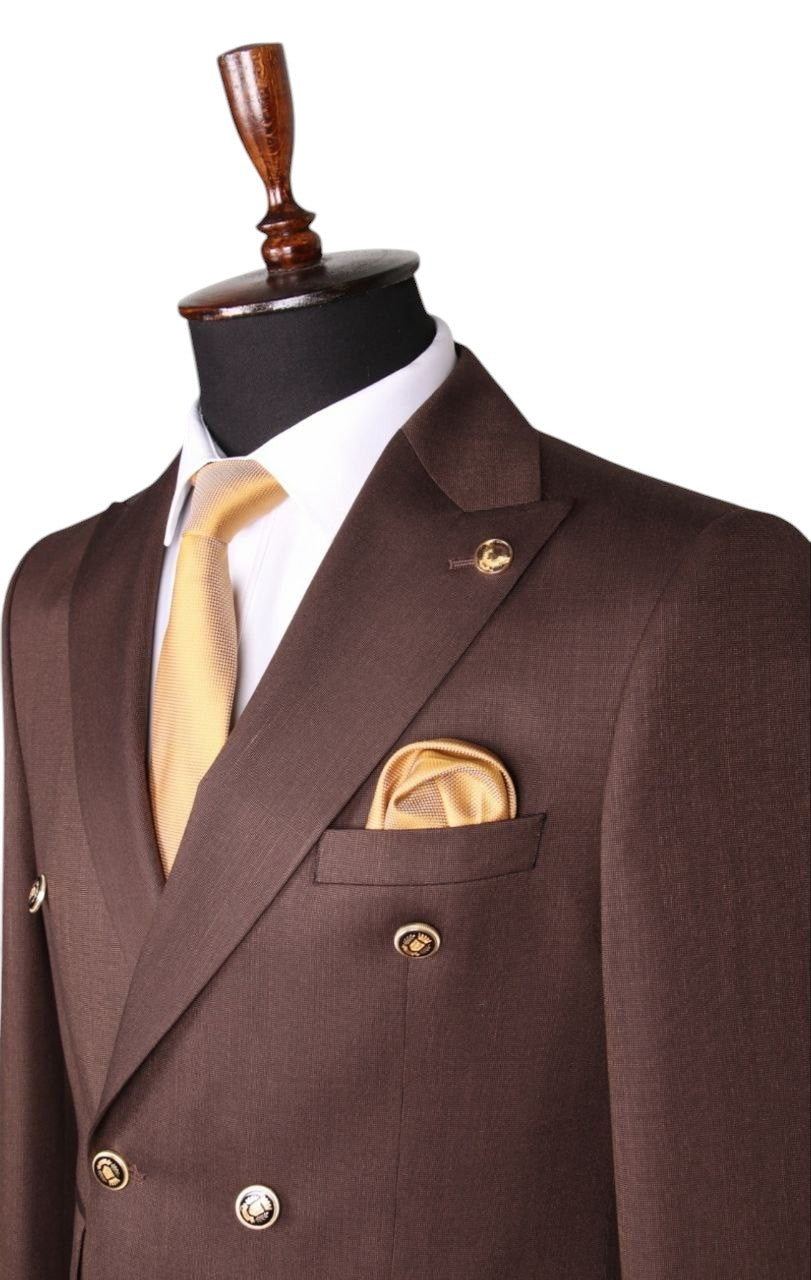 Elegant Brown Double-Breasted Suit with Gold Accents