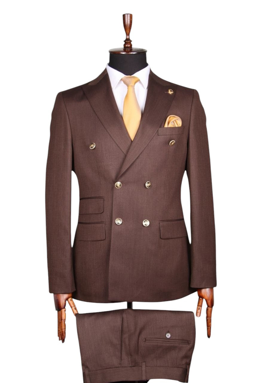 Elegant Brown Double-Breasted Suit with Gold Accents