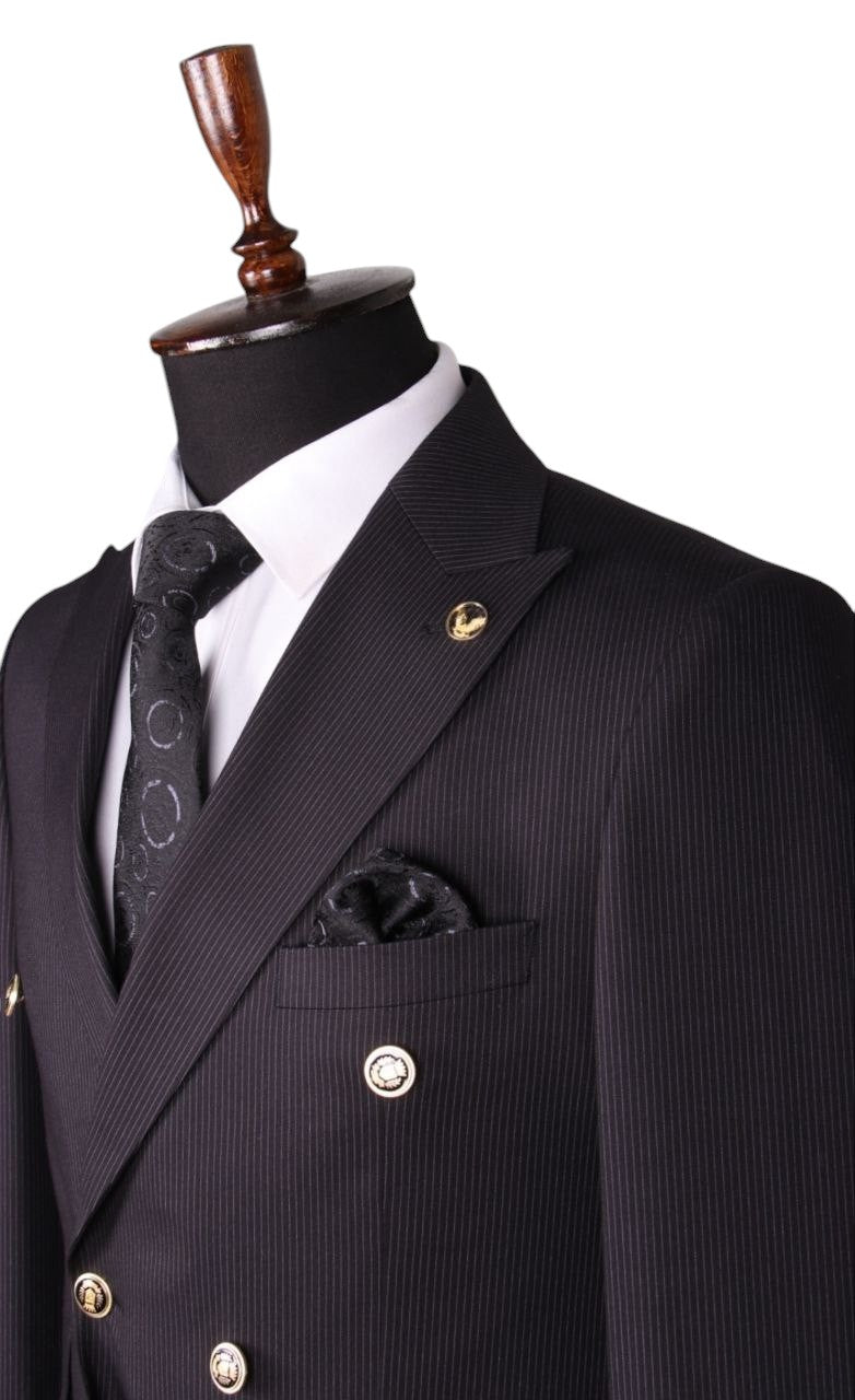 Classic Black Double-Breasted Suit with Gold Buttons