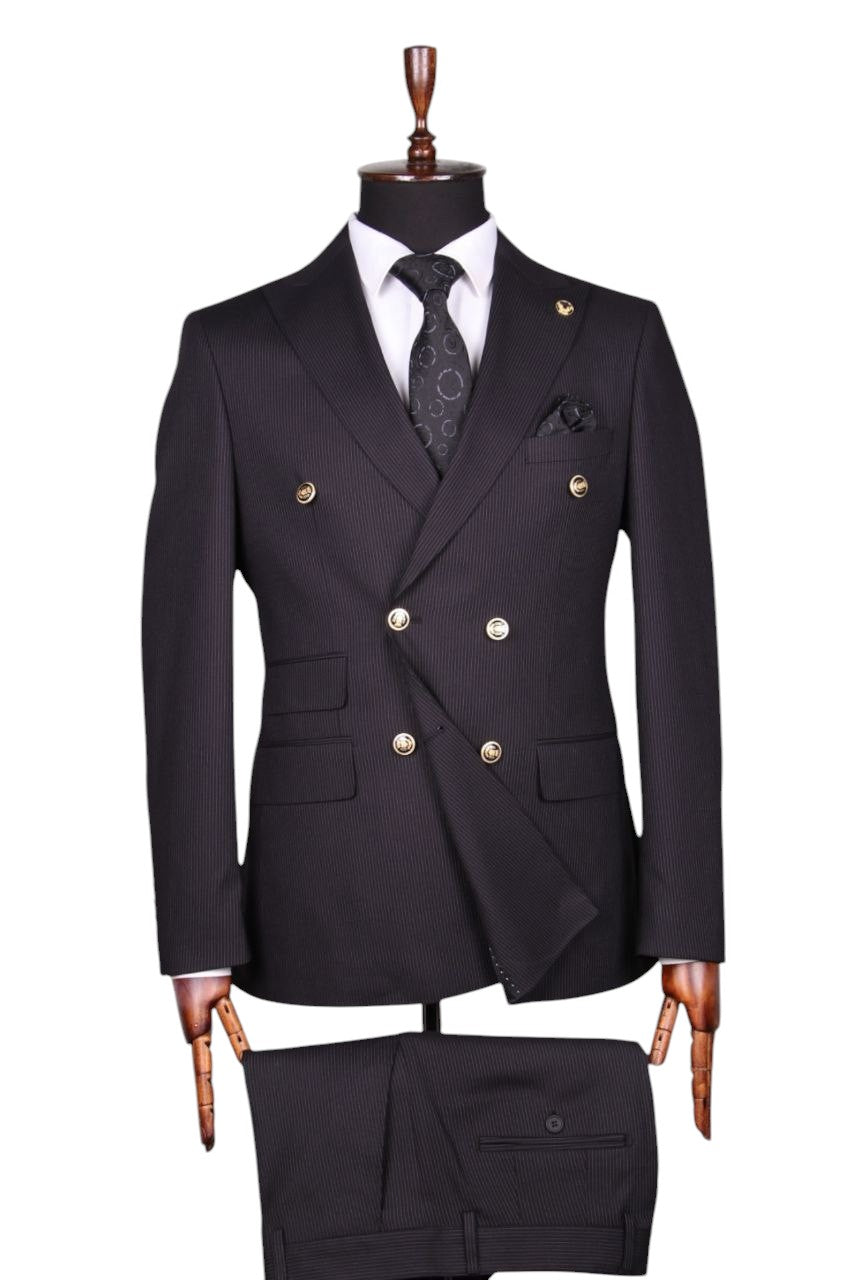 Classic Black Double-Breasted Suit with Gold Buttons