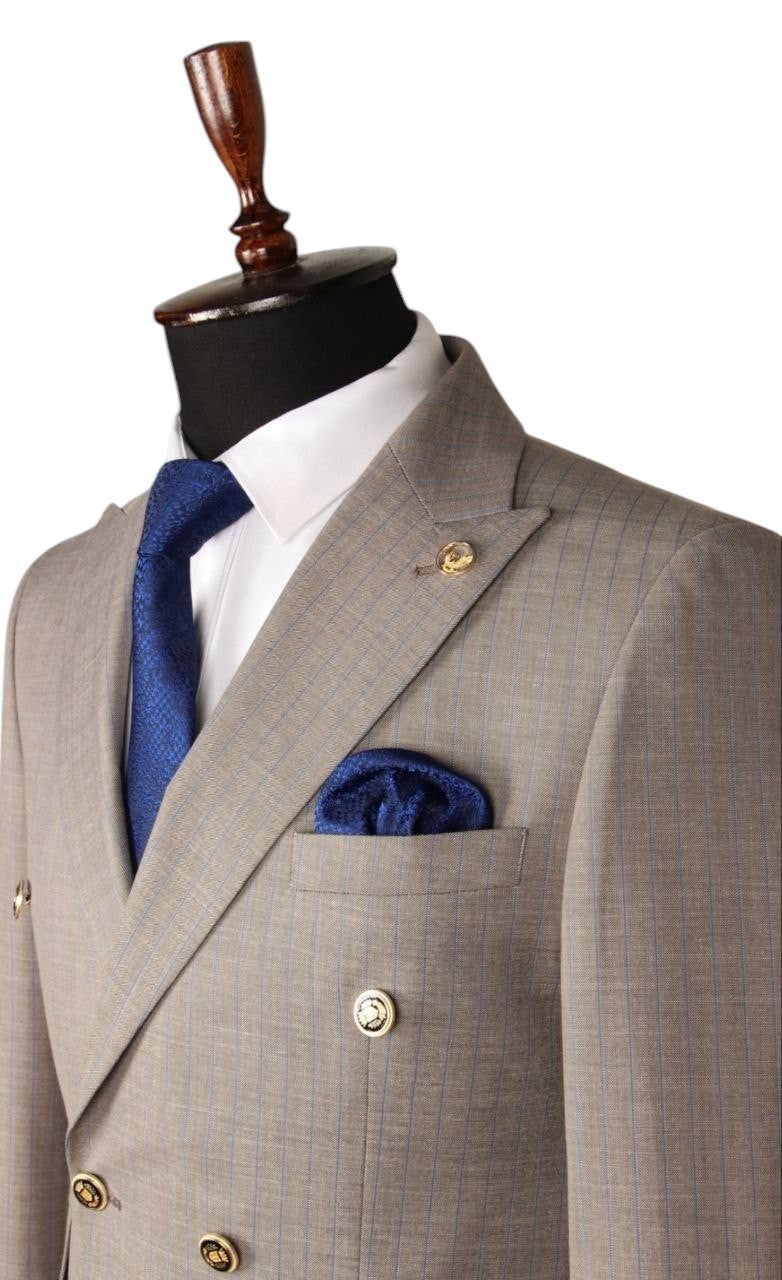 Beige Double-Breasted Plaid Suit with Gold Buttons