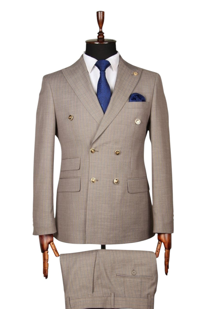 Beige Double-Breasted Plaid Suit with Gold Buttons