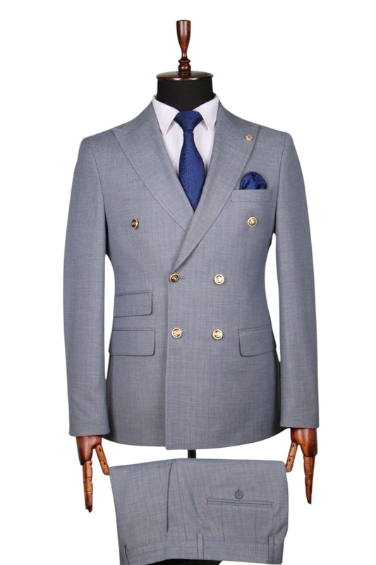 Light Gray Double-Breasted Plaid Suit